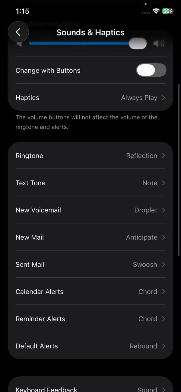 Sounds and Haptics settings on iPhone showing the selected Ringtone