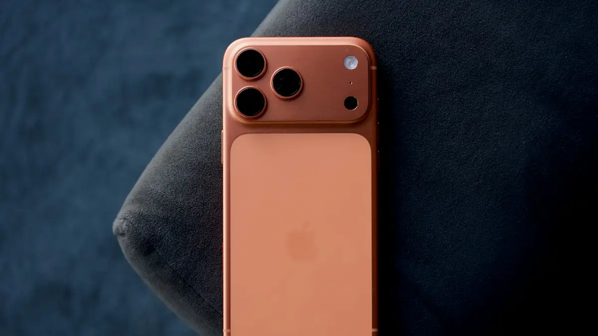 Rose gold smartphone resting on a dark blue surface