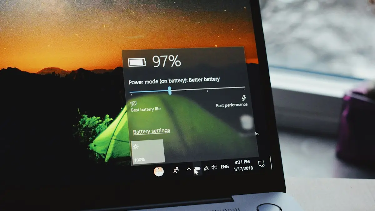 Turn-on laptop displaying 97 percent battery