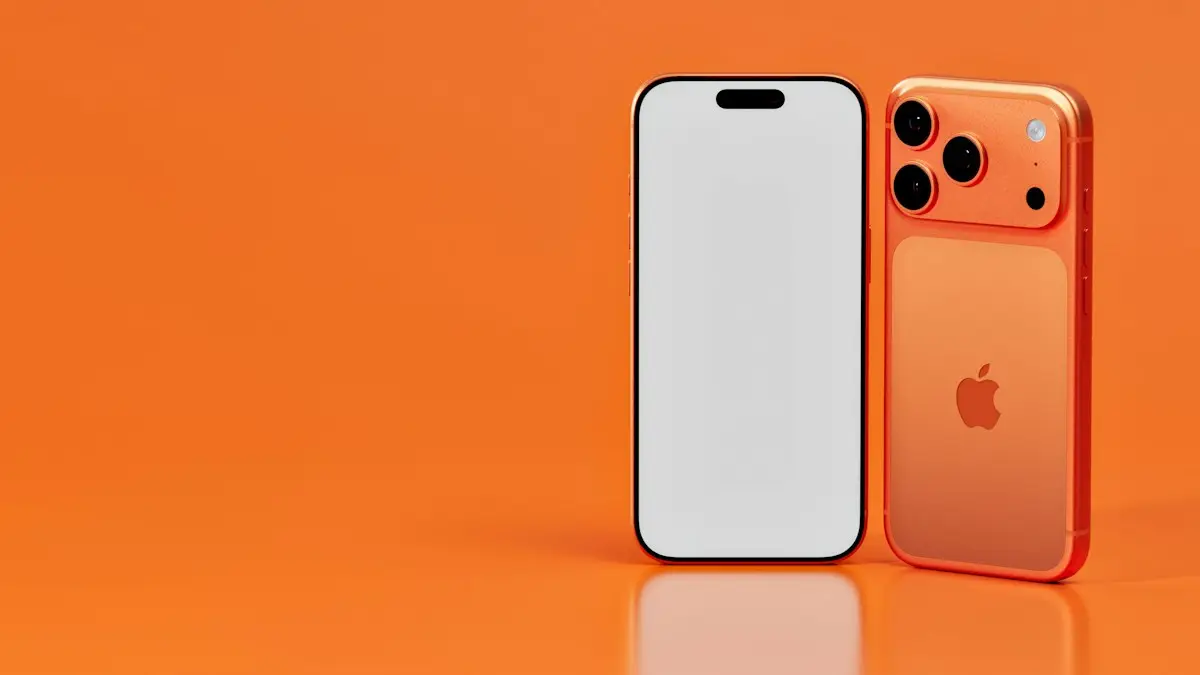 Two orange smartphones on an orange background