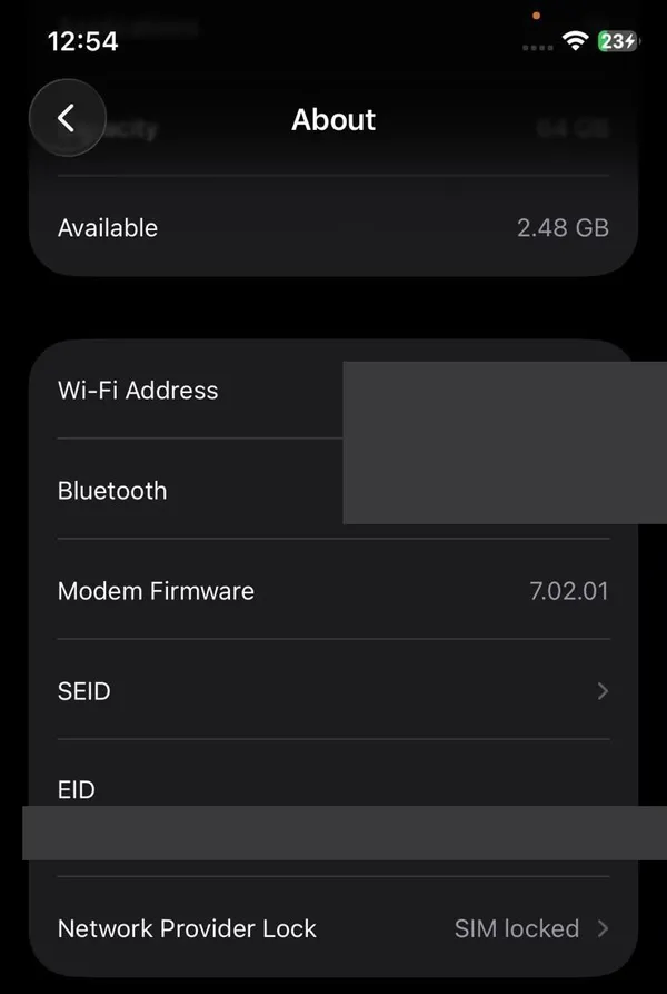 iPhone About screen showing Network Provider Lock set to SIM locked