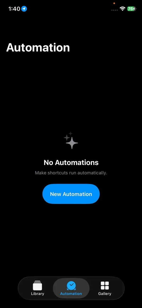 Shortcuts app Automation tab with the New Automation button