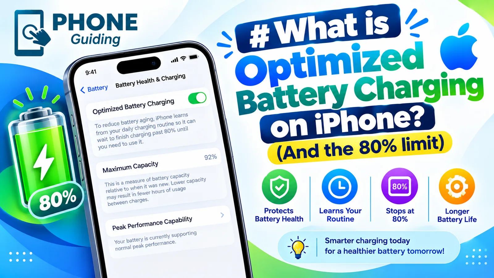 Illustration of the iPhone Optimized Battery Charging setting with an 80 percent battery icon