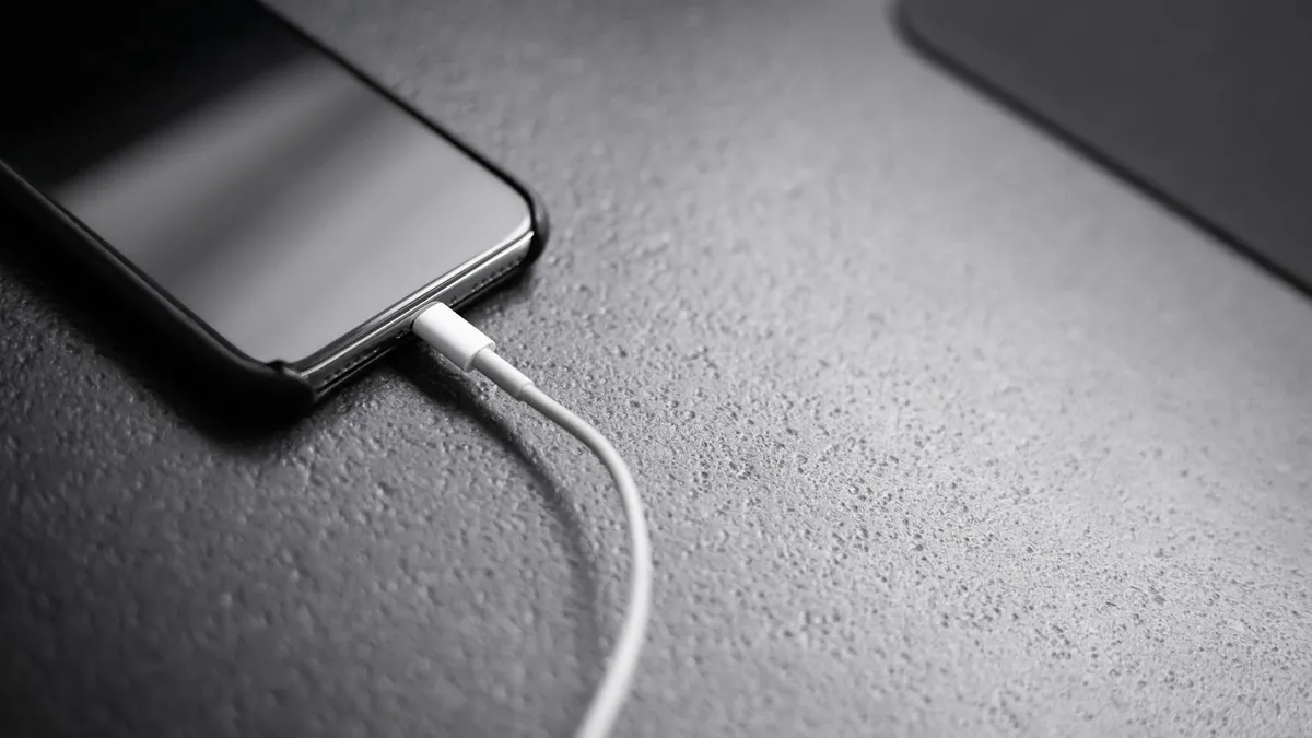 A black smartphone with a charger cord connected
