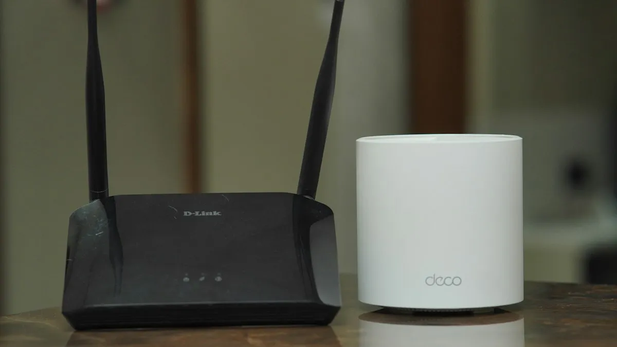 Two Wi-Fi routers standing on a table