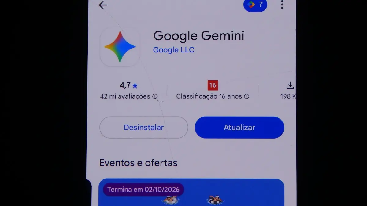 A smartphone screen displaying the Google Gemini app store page with update options