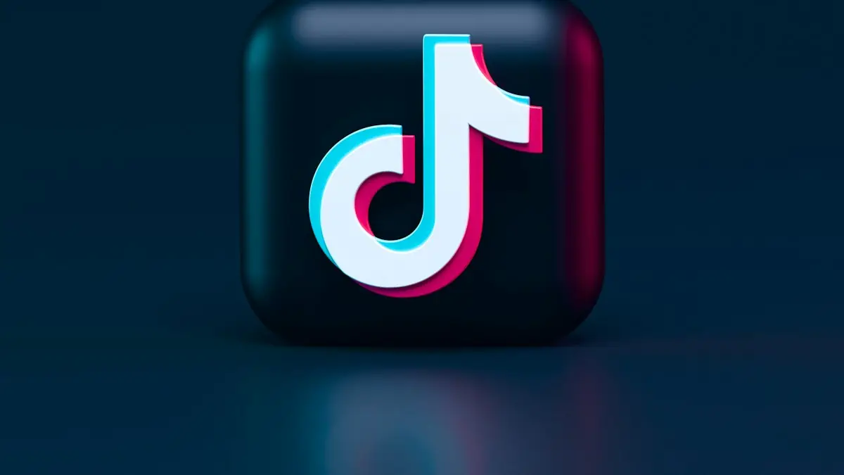 A three-dimensional TikTok logo with cyan and magenta chromatic aberration on a dark background