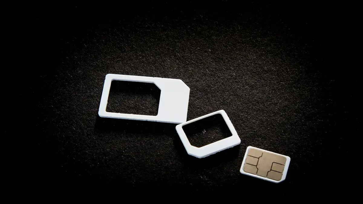 Sim cards and their adaptors are on display