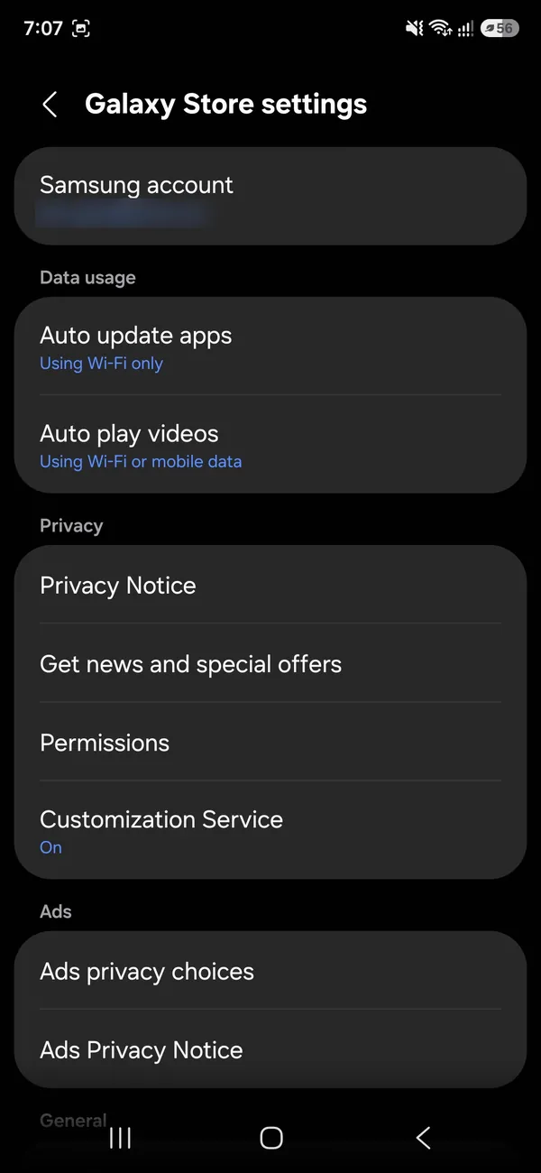 Galaxy Store settings with Auto update apps and Get news and special offers