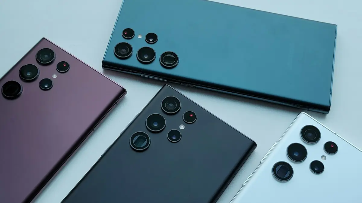 A group of four different colored cell phones