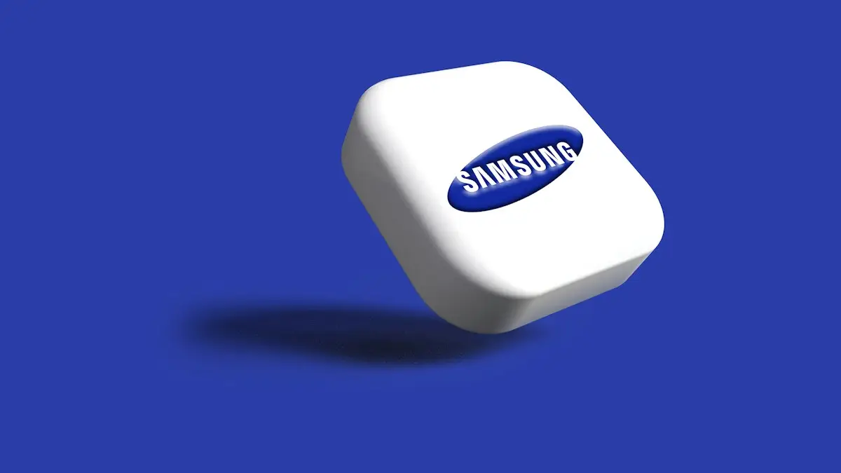 A white samsung logo on a blue background