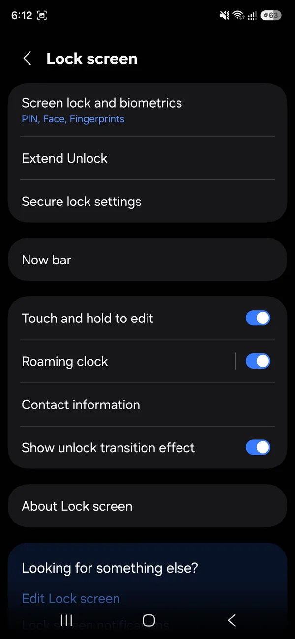 Samsung Galaxy A16 Lock screen settings showing Extend Unlock