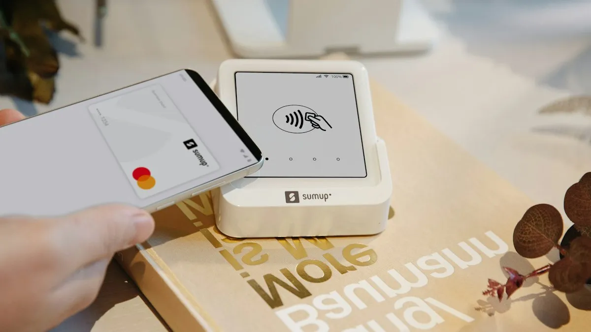 A smartphone held near a card reader for a contactless payment