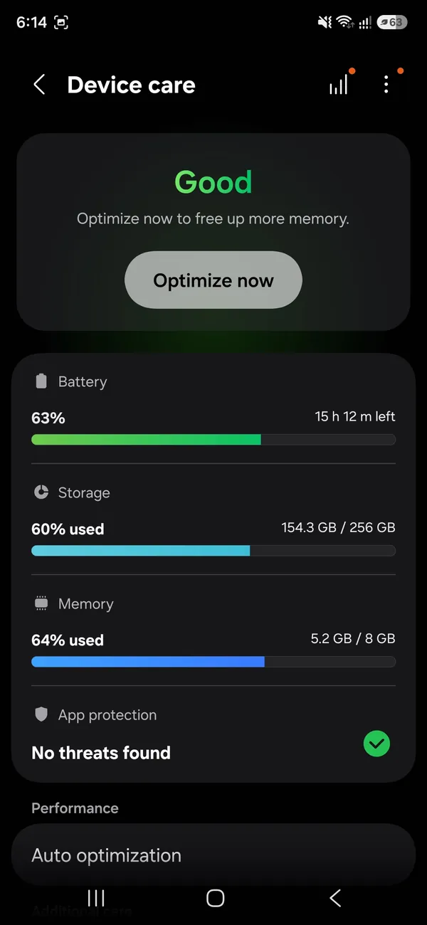 Samsung Device care screen showing App protection with No threats found