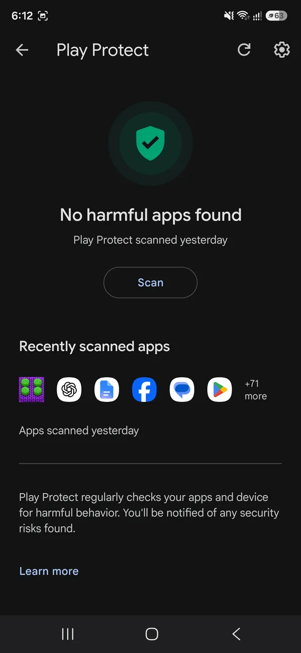 Play Protect screen showing No harmful apps found and a Scan button