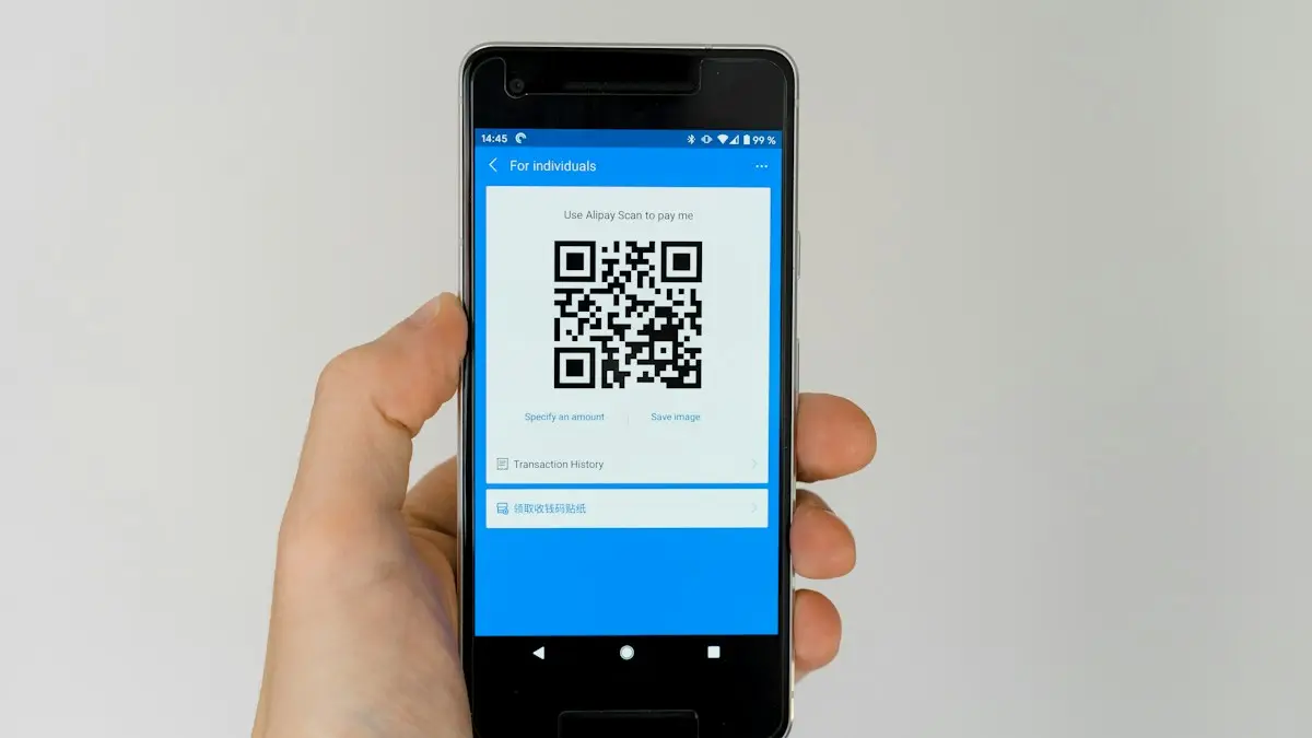Black android smartphone displaying qr code