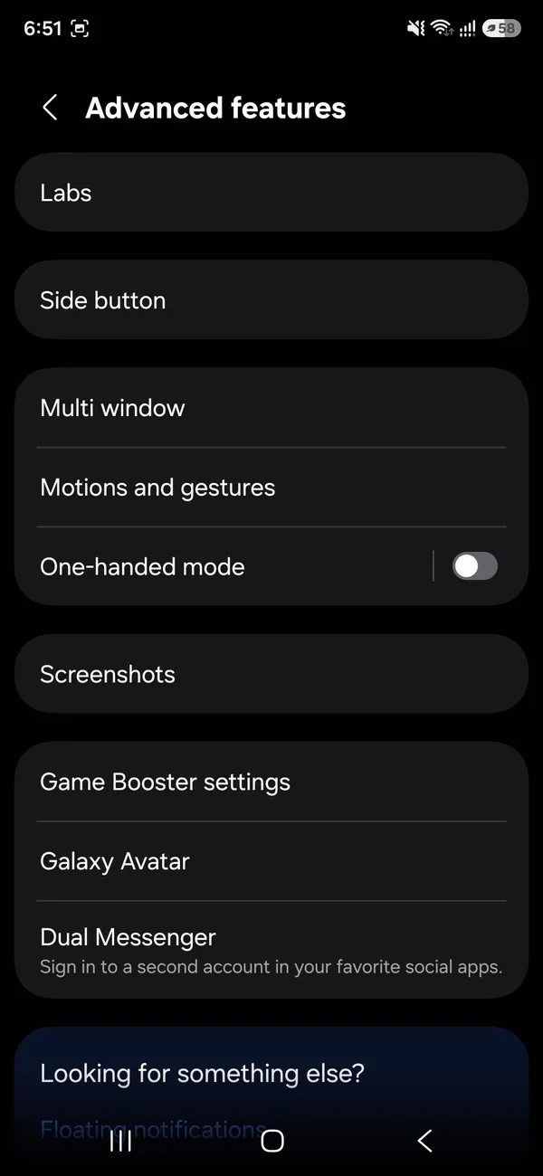 Samsung Advanced features settings with Motions and gestures and Screenshots