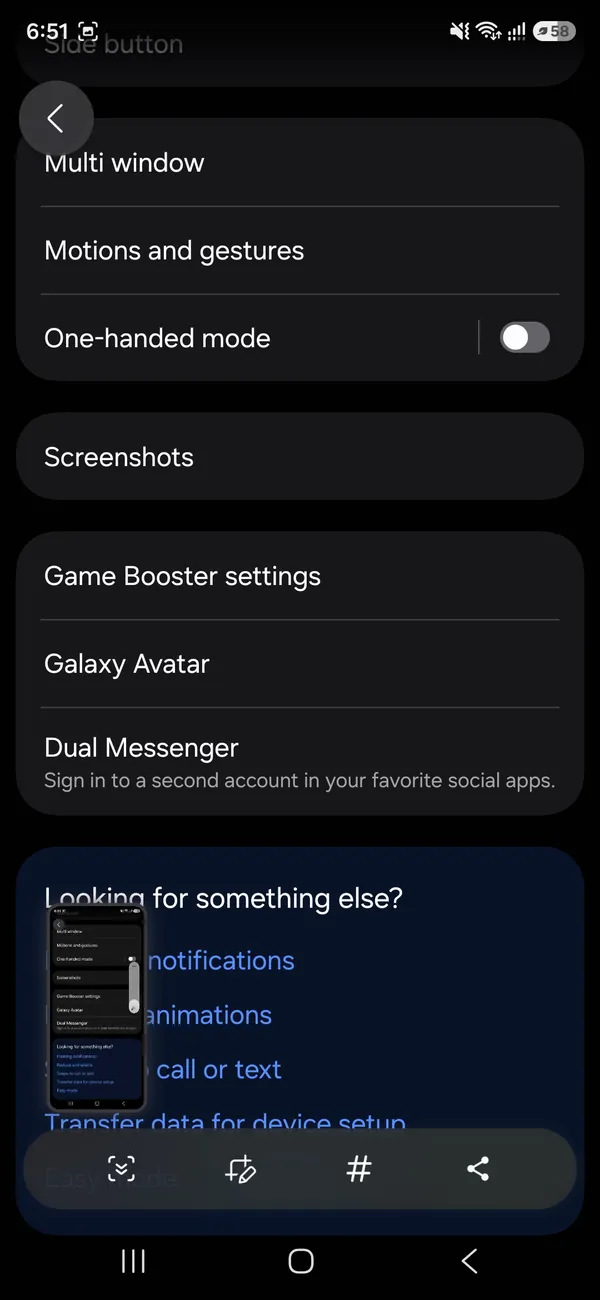 Samsung screenshot toolbar with the scroll capture button on the left