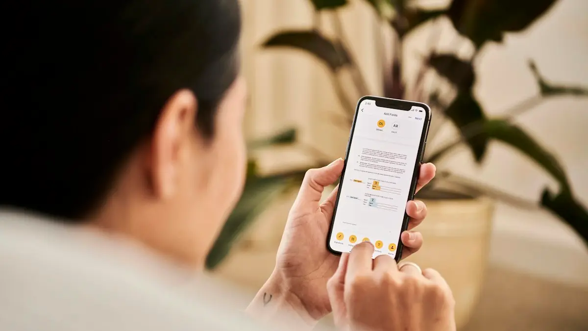 A woman looking at a contract on DocuSign from a iPhone