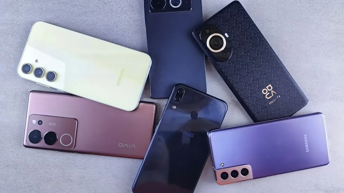 A group of cell phones sitting next to each other