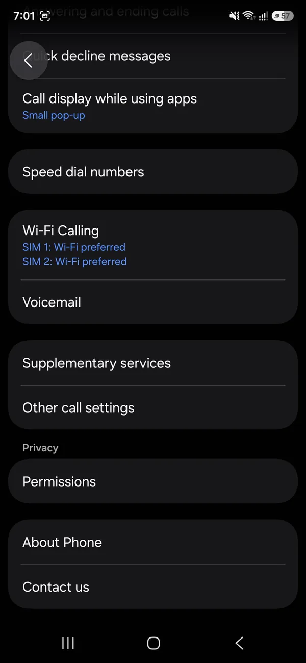 Samsung Call settings with Voicemail below Wi-Fi Calling