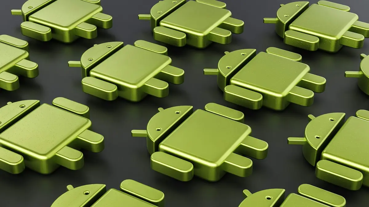 A group of green androids sitting next to each other