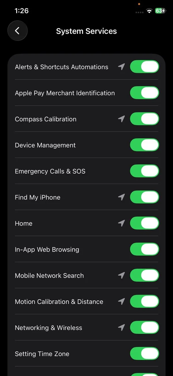 Location Services System Services on iPhone with Setting Time Zone turned on