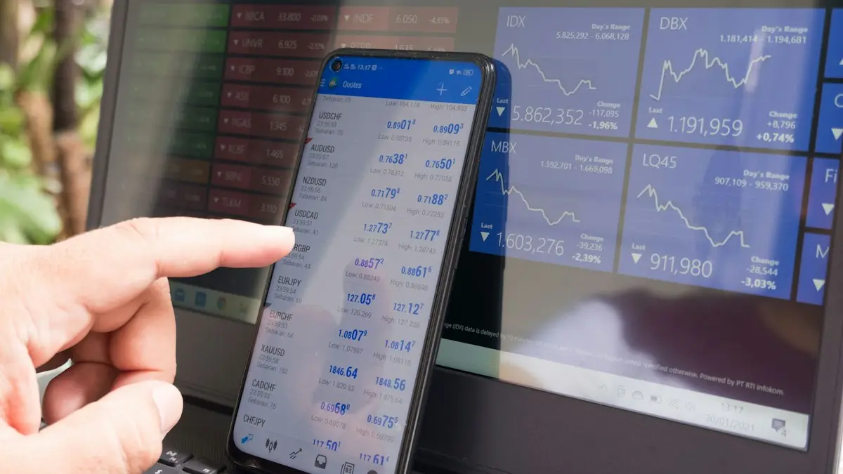 A hand pointing at a smartphone displaying currency quotes against a laptop