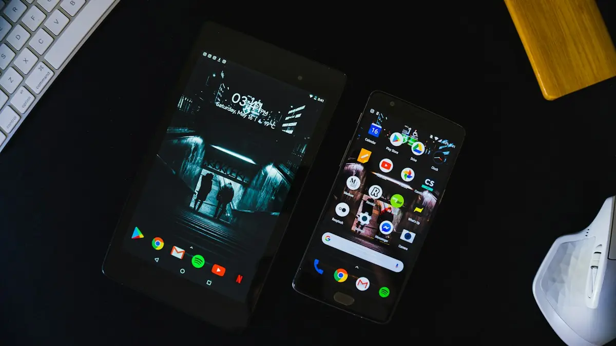 Black android smartphone displaying home screen