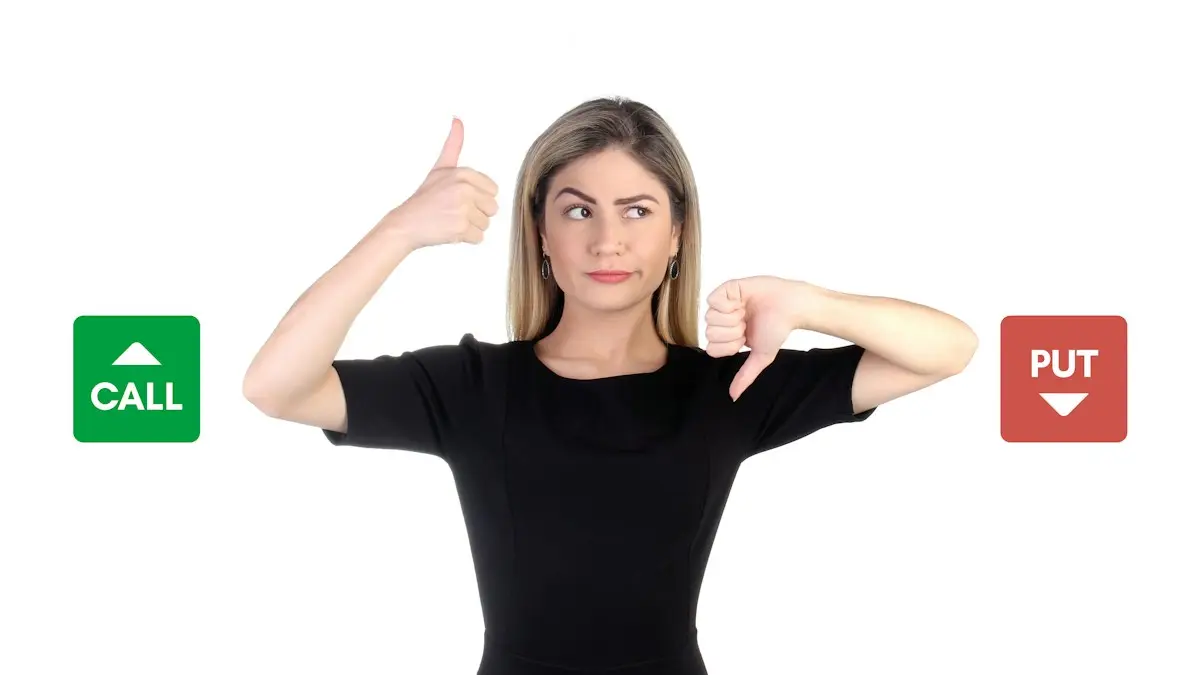 A woman in a black shirt is pointing at buttons