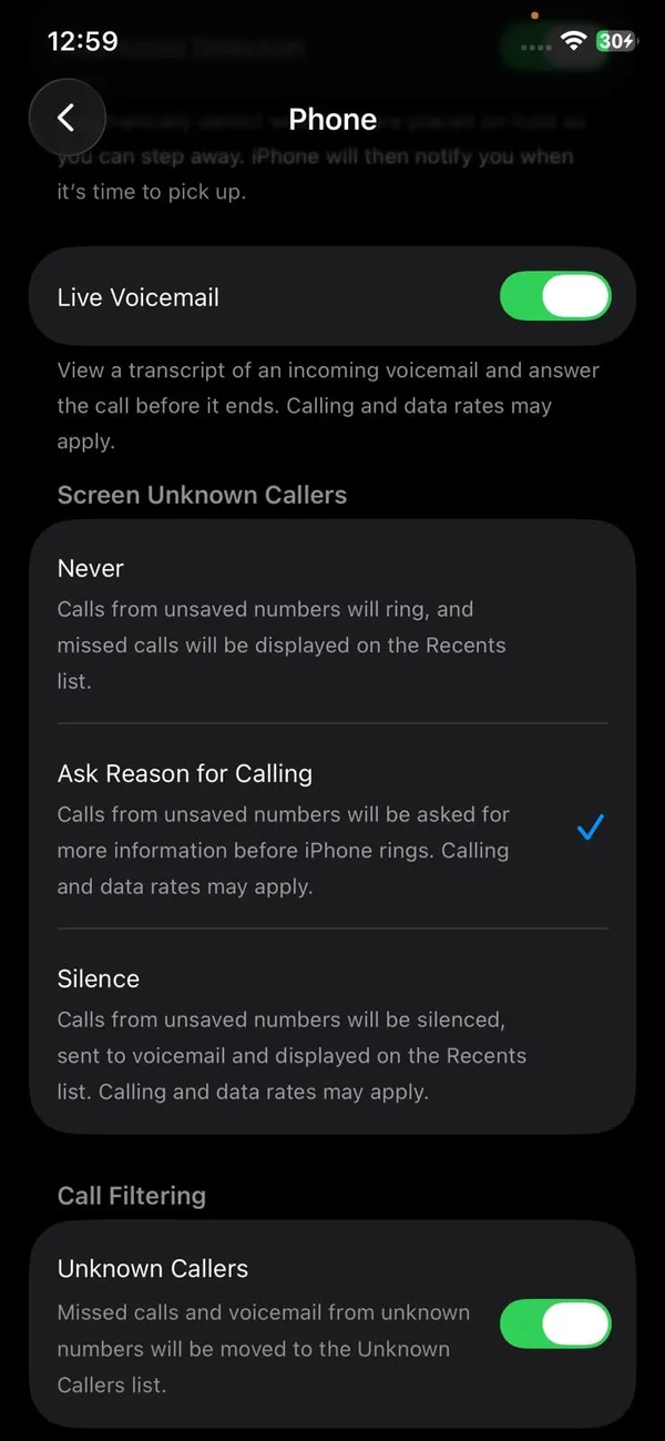 iPhone Phone settings showing Screen Unknown Callers with Never, Ask Reason for Calling and Silence, plus Call Filtering