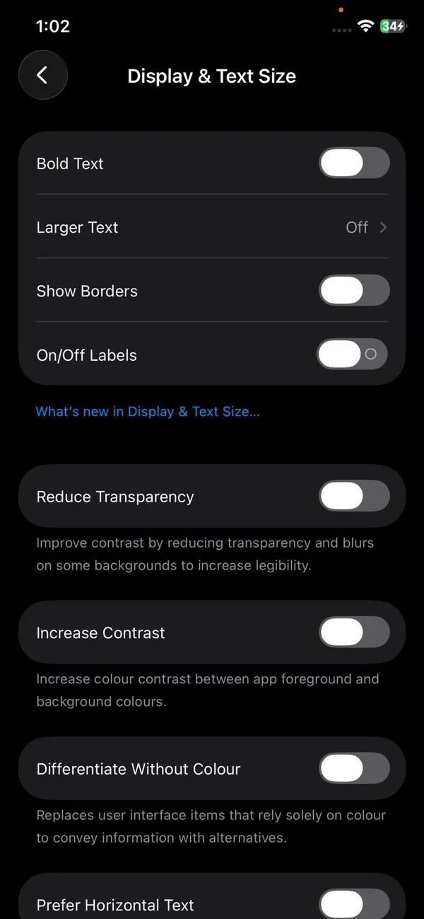 Display and Text Size settings on iPhone showing the Reduce Transparency switch