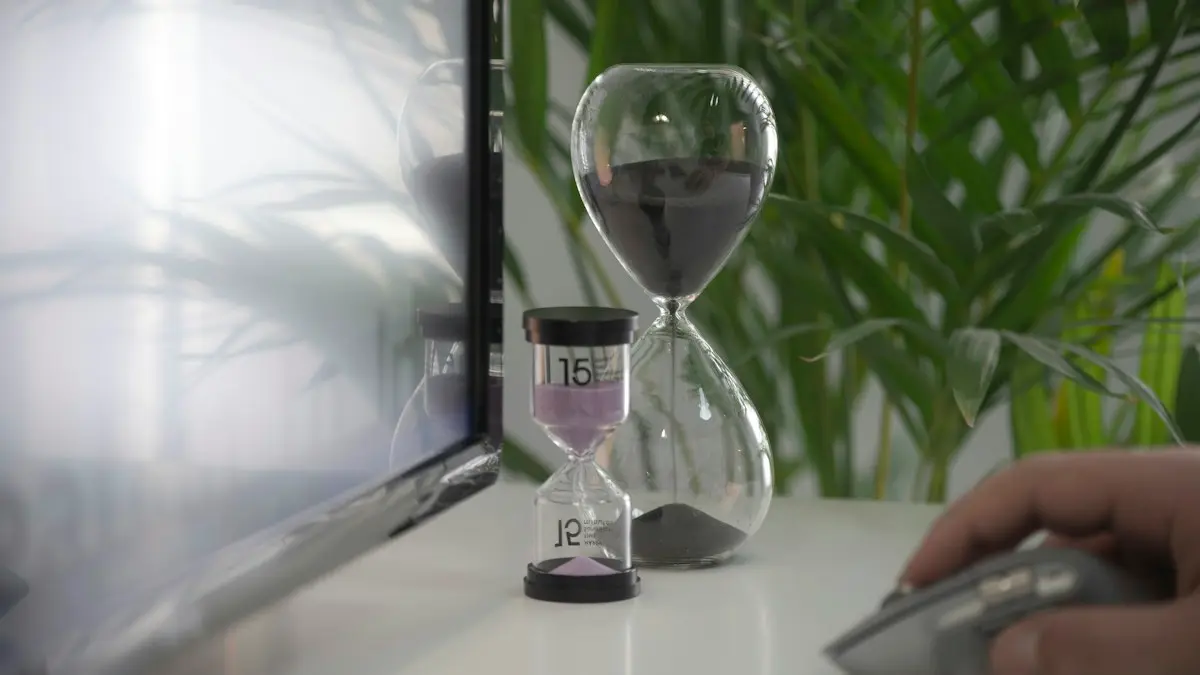 Clear hour glass on white table