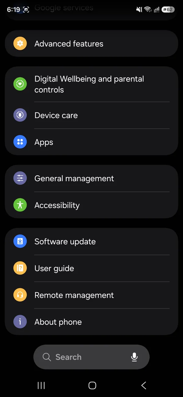 Samsung Settings list with Software update near the bottom