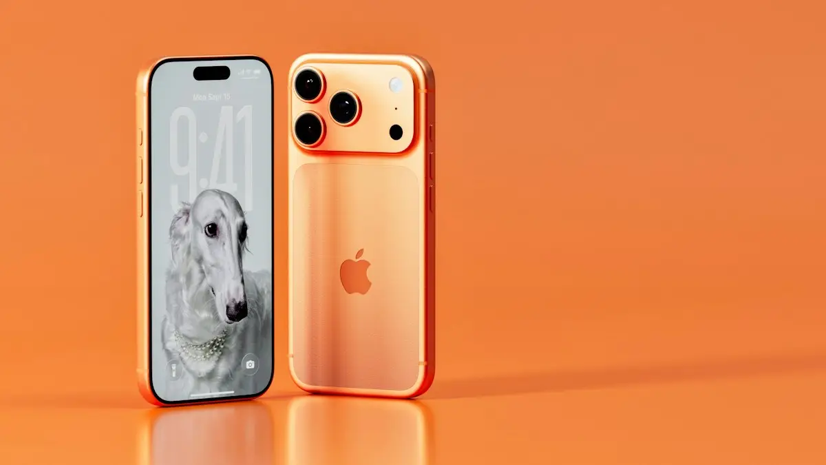 Two rose gold iphones on an orange background