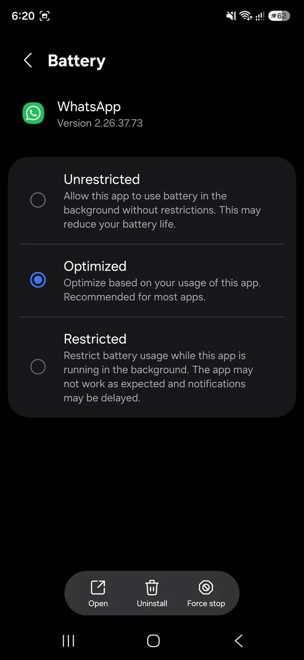 WhatsApp battery settings on a Samsung Galaxy A16 with Unrestricted, Optimized and Restricted options